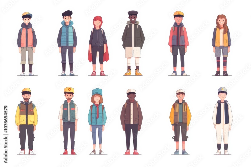 A colorful illustration of diverse cartoon characters in stylish outfits, showcasing various trendy streetwear looks, Ideal for fashion websites, youth campaigns, or lifestyle content, A colorful illustration of diverse cartoon characters in stylish outfits, showcasing various trendy streetwear looks, Ideal for fashion websites, youth campaigns, or lifestyle content,