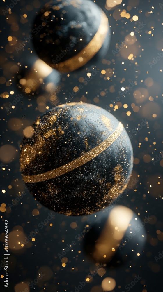 Black spheres with golden accents suspended in a dark setting filled with shimmering particles Black spheres with golden accents suspended in a dark setting filled with shimmering particles