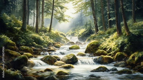 Serene and tranquil watercolor style landscape featuring a calm forest stream with rocks and moss soft sunlight filtering through the trees creating a peaceful and enchanting natural scene