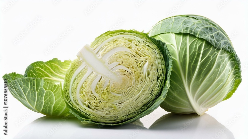 Whole cabbage isolated on white background with vibrant green leaves and natural texture
Whole cabbage isolated on white background with vibrant green leaves and natural texture