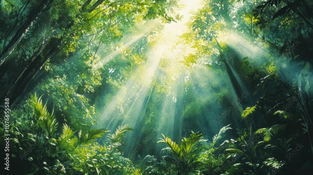 Obraz premium Lush verdant rainforest canopy with beams of warm golden sunlight breaking through the foliage in a vibrant dreamlike watercolor painting style