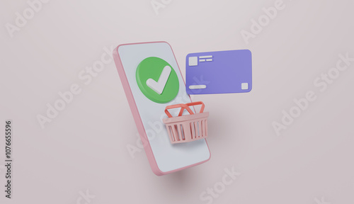 Credit card with smartphone and shopping basket, online shopping, cashless, payment concept photo