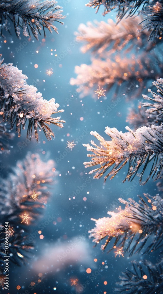 Fototapeta premium Experience the Enchantment of Winter: A Stunning Depiction of Frosted Pines and Sparkling Snowflakes in a Magical Blue Atmosphere