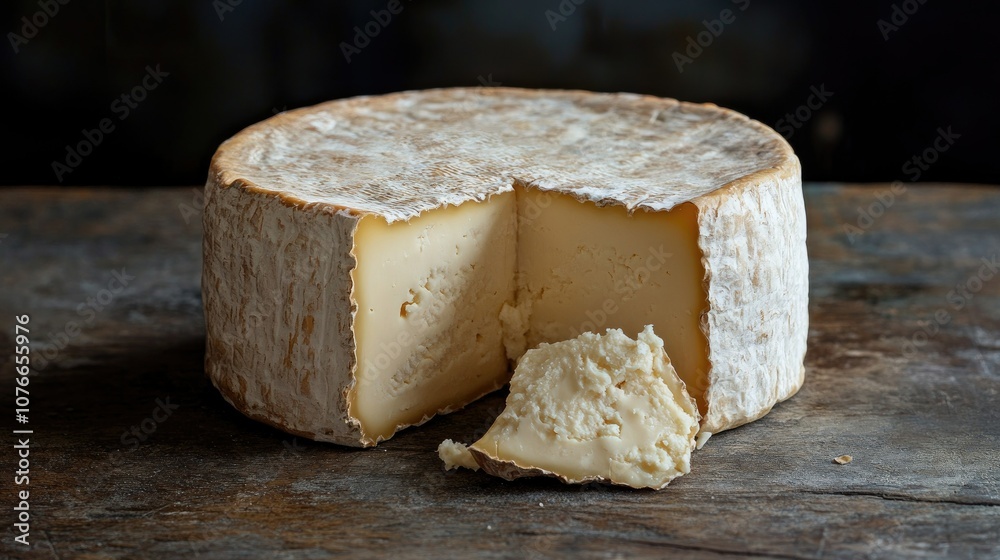 Rustic Cheese Wheel with Slice Taken Out Rustic Cheese Wheel with Slice Taken Out