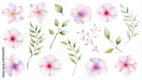 Watercolor set of pink and purple flowers, branches and leaves.