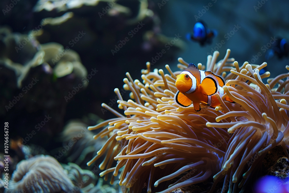 Fantastically beautiful bright clownfish swims in deep sea among corals Fantastically beautiful bright clownfish swims in deep sea among corals