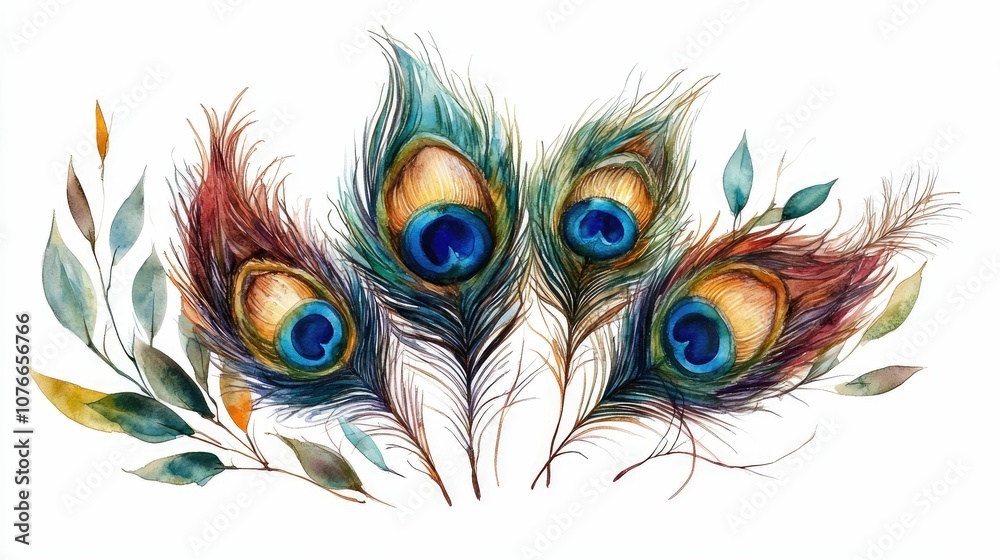 Obraz premium Exquisite and delicate watercolor painting of peacock feathers showcasing the intricate patterns and vibrant shimmering colors that make these natural wonders so captivating and beautiful