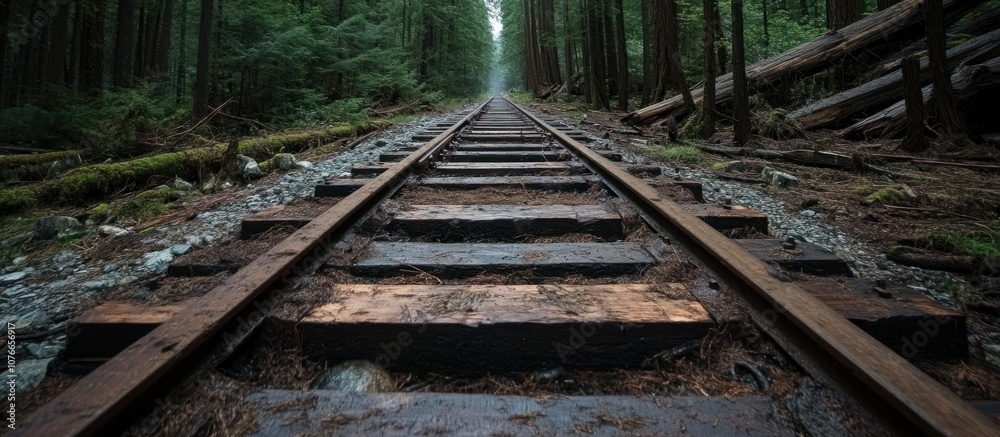 Railroad tracks leading into a dense forest, with a misty, disappearing path. Railroad tracks leading into a dense forest, with a misty, disappearing path.