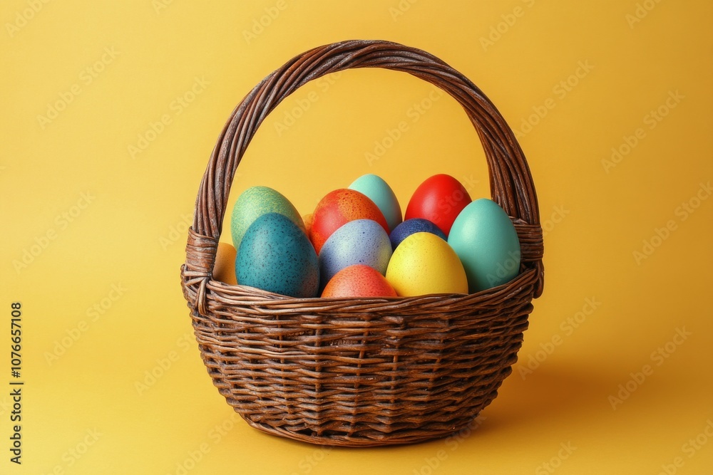 Colorful Easter eggs in a woven basket against a bright yellow background during springtime