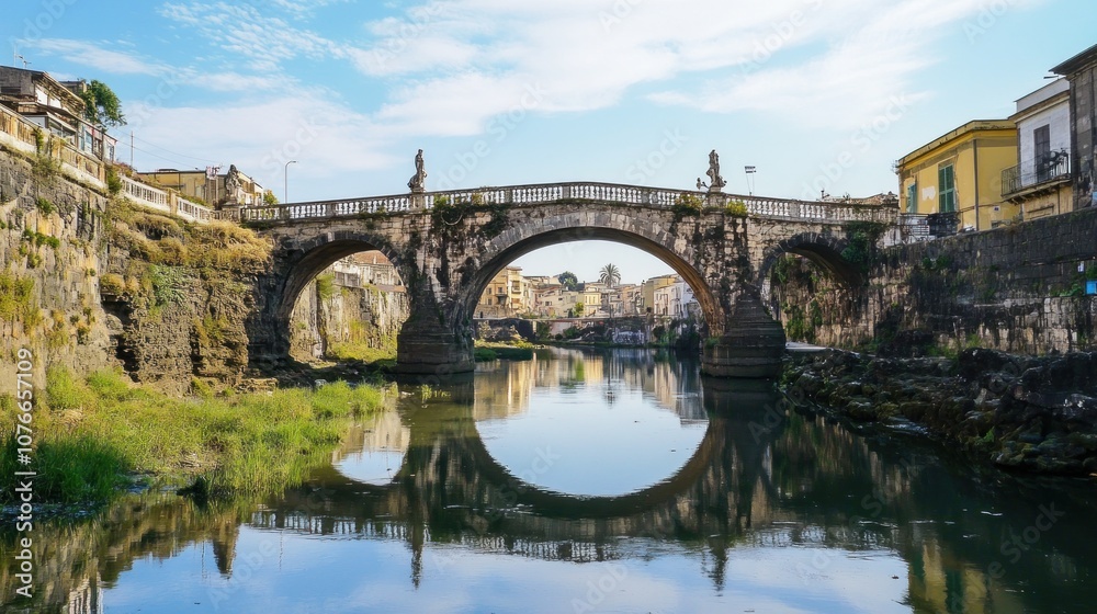 Naklejka premium Ancient Stone Bridge Over a Calm River in Italy