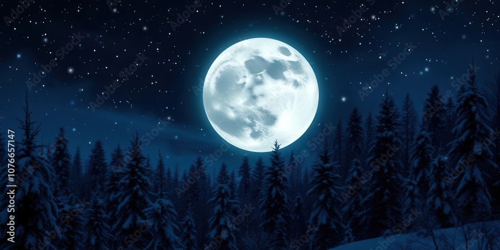 A magical holiday background featuring a snow-covered forest with twinkling lights and a full moon shining overhead, full moon, nighttime, winter A magical holiday background featuring a snow-covered forest with twinkling lights and a full moon shining overhead, full moon, nighttime, winter