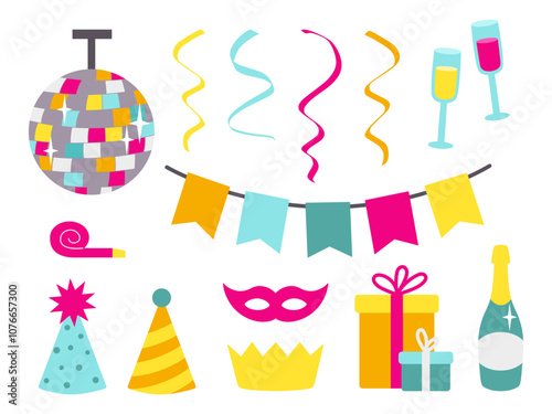 Set of party decoration elements in cartoon flat style isolated on white..