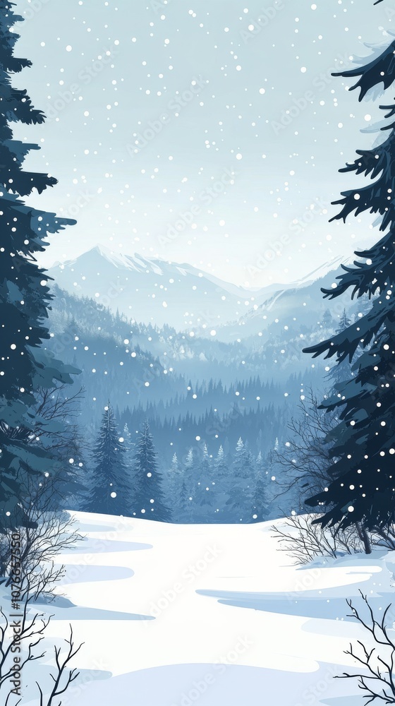 Fototapeta premium Snowy winter landscape with evergreen trees and gentle snowfall in a serene forest setting