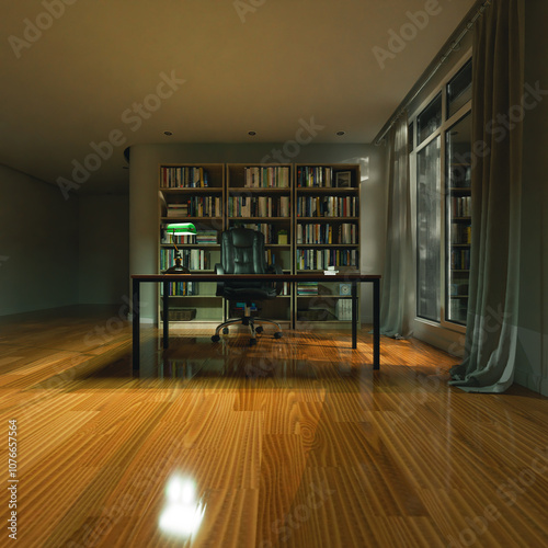 3d render of study room, home, office or library background with book shelf background in night