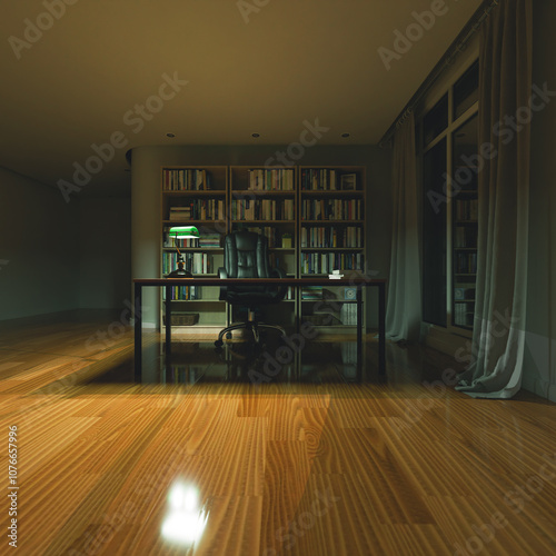 3d render of study room, home, office or library background with book shelf background in night