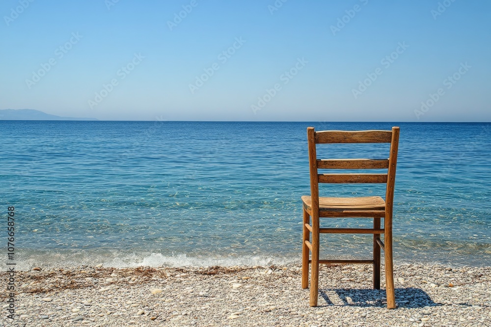 A lonely wooden chair on a serene beach by the calm ocean during bright daylight hours A lonely wooden chair on a serene beach by the calm ocean during bright daylight hours