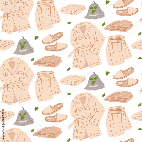 pattern of terry dressing gown, waist bandages, towels, hats, slippers for bathing and showering, flat illustration, on white. The texture is made of a delicate warm fluffy fabric. Flat with scribbles