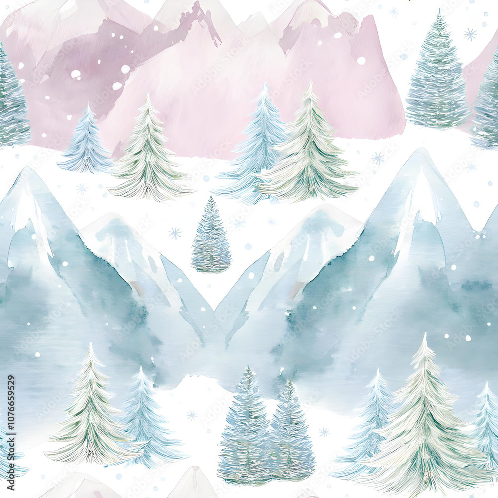 Obraz premium Watercolor Seamless Pattern of Soft Christmas Trees and Snowy Mountains for Wallpaper 