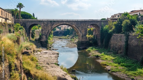 Historic Stone Bridge Over River in Italy