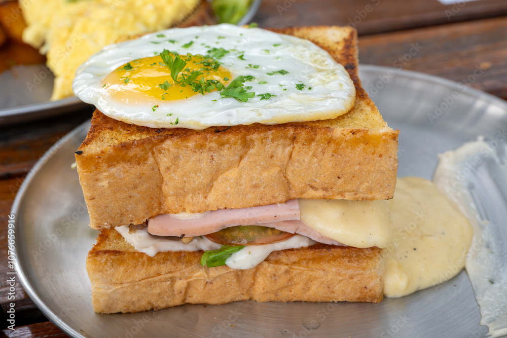A delectable Croque Monsieur topped with a perfectly fried egg and garnished with fresh parsley. This classic French sandwich, featuring melted cheese and savory ham between slices of toasted bread. A delectable Croque Monsieur topped with a perfectly fried egg and garnished with fresh parsley. This classic French sandwich, featuring melted cheese and savory ham between slices of toasted bread.