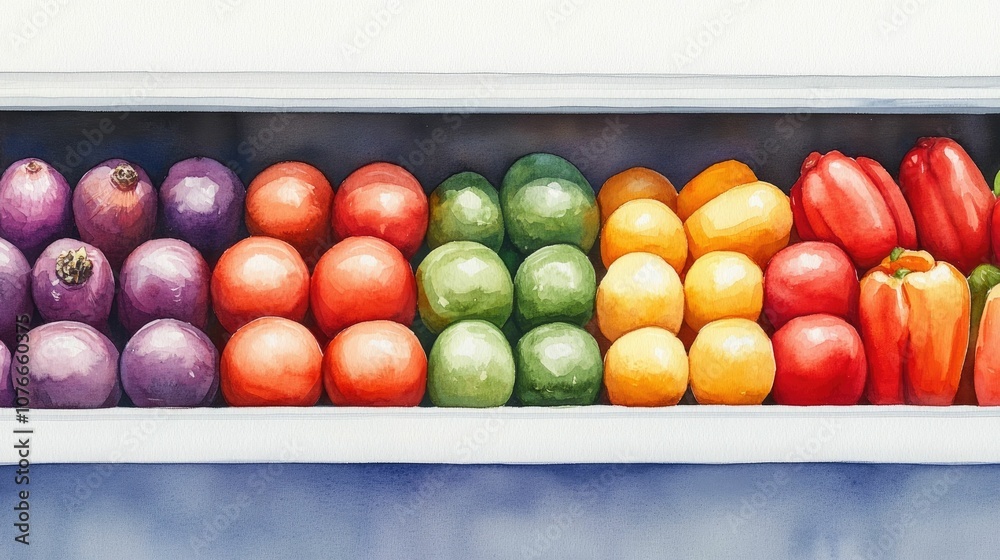 Vibrant display of a diverse selection of seasonal organic fruits and vegetables arranged in a visually appealing manner on the shelves of a supermarket Vibrant display of a diverse selection of seasonal organic fruits and vegetables arranged in a visually appealing manner on the shelves of a supermarket