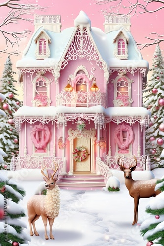 Gingerbread house christmas pink deer. photo