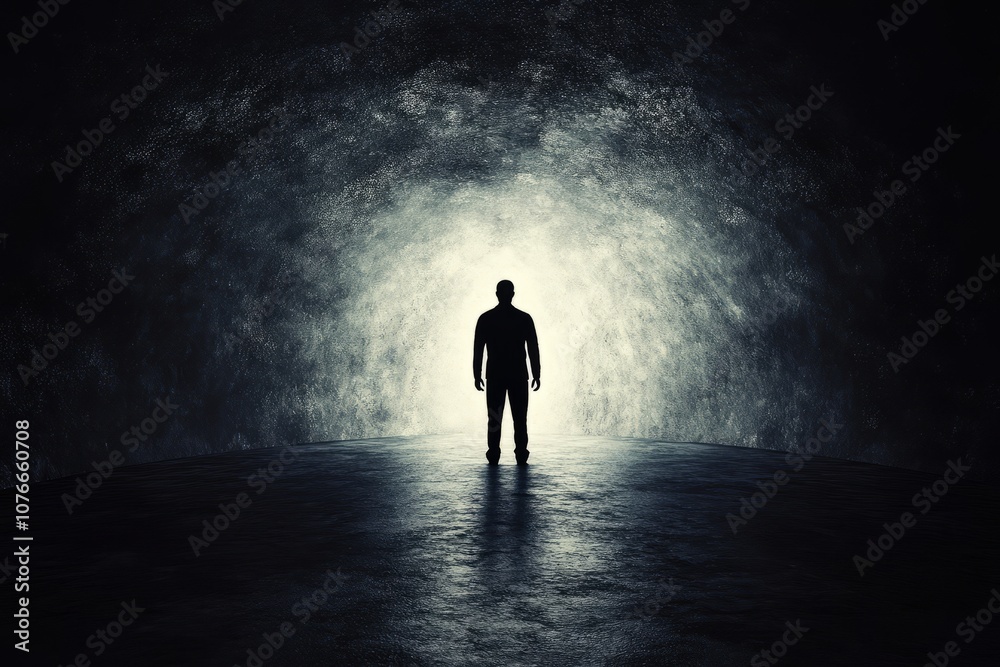 A man stands in a dark cave with a light shining on him A man stands in a dark cave with a light shining on him