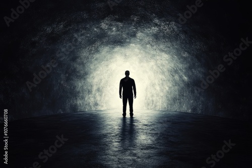 A man stands in a dark cave with a light shining on him