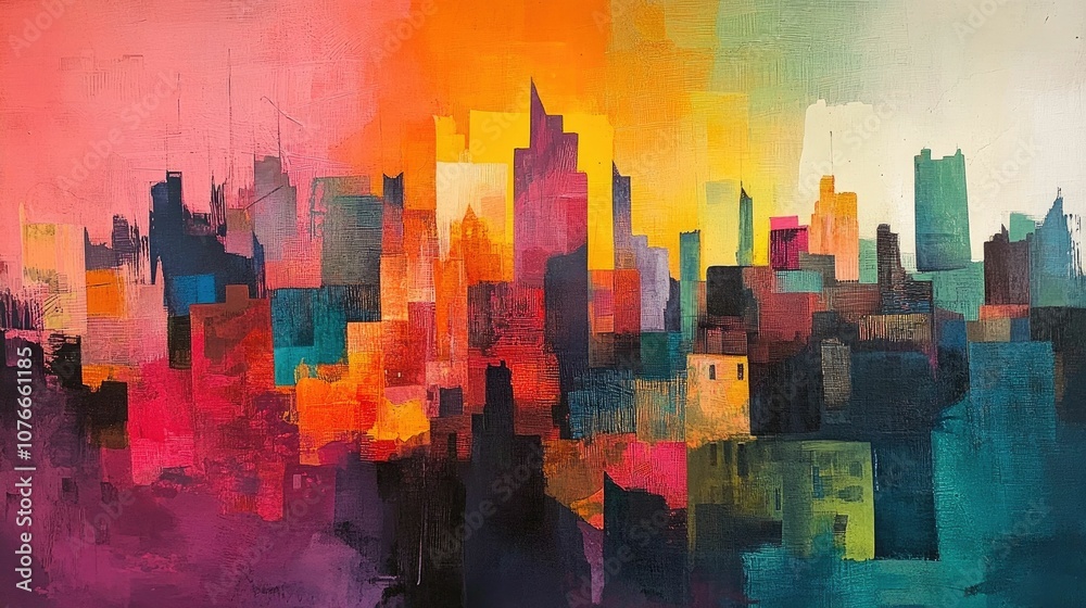 Obraz premium An abstract cityscape with vibrant shifting colors blending into the buildings creating a dynamic and visually captivating representation of the creativity and energy found in urban environments