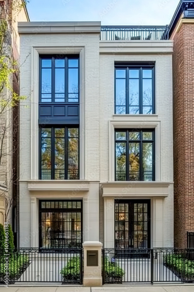 A stunning three-story home in the center of Chicago's trendy West Loop, with large windows and an exterior painted off-white with black accents. The house has classic architectural details. A stunning three-story home in the center of Chicago's trendy West Loop, with large windows and an exterior painted off-white with black accents. The house has classic architectural details.