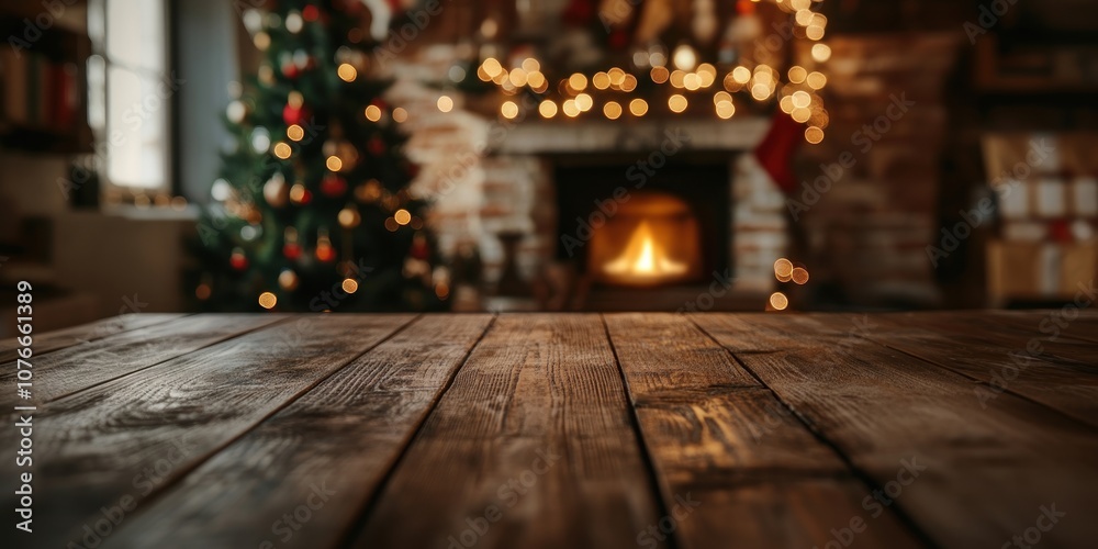 Empty wooden table top with blurred background of interior decorated for Christmas fireplace christmas tree. Empty wooden table top with blurred background of interior decorated for Christmas fireplace christmas tree.