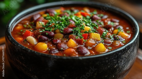 A hearty bowl of chili topped with fresh herbs and vegetables.