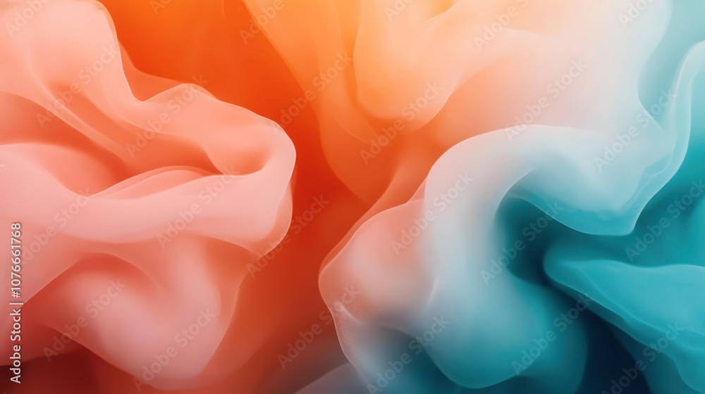 Obraz premium Abstract image featuring soft flowing fabric-like textures in warm orange and cool teal hues creating a dreamy and serene visual effect.