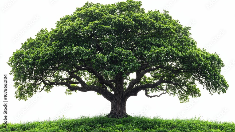 A Large, Lush Tree with Spreading Branches Against a White Background A Large, Lush Tree with Spreading Branches Against a White Background