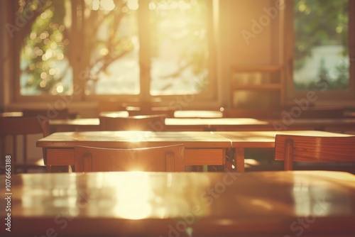 Blurred empty classroom background with space for copy for back to school concept, close up of blank desk and chairs in the old class room, light bokeh at blurry morning sun through window. photo