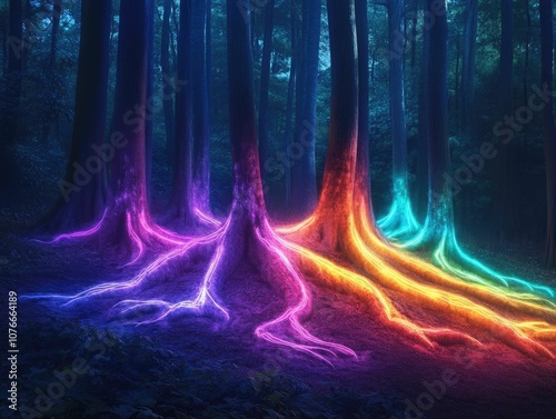 Dreamlike neon forest with glowing rainbow hued roots symbolizing the fusion of nature and boundless imagination  A surreal futuristic landscape where the natural and digital realms converge photo