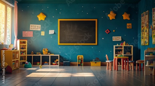 photo realistc pre-school classroom with a chalkboard in an empty room photographed with a Sony A1 and a 50mm Lens with generative ai