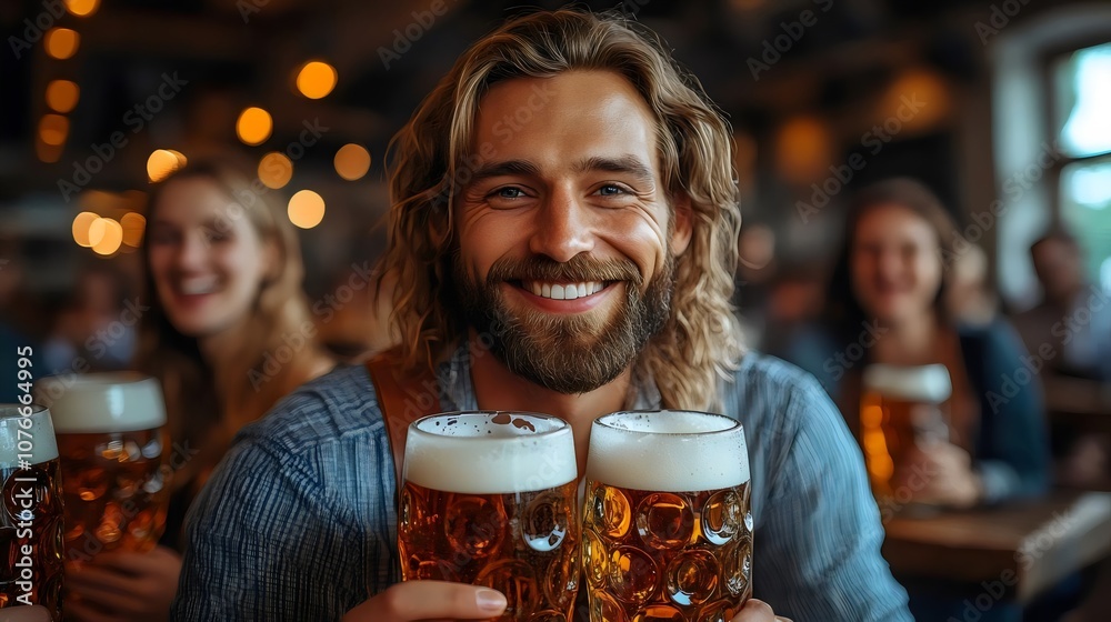 A man with a beard and a smile is holding two glasses of beer