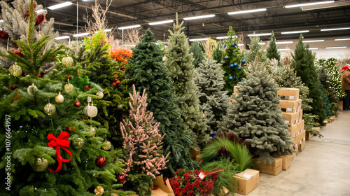 Christmas tree market in winter, documentary style of photography. Buying the perfect tree for Christmas. Large selection of various types of conifers, pines, spruces, firs. photo