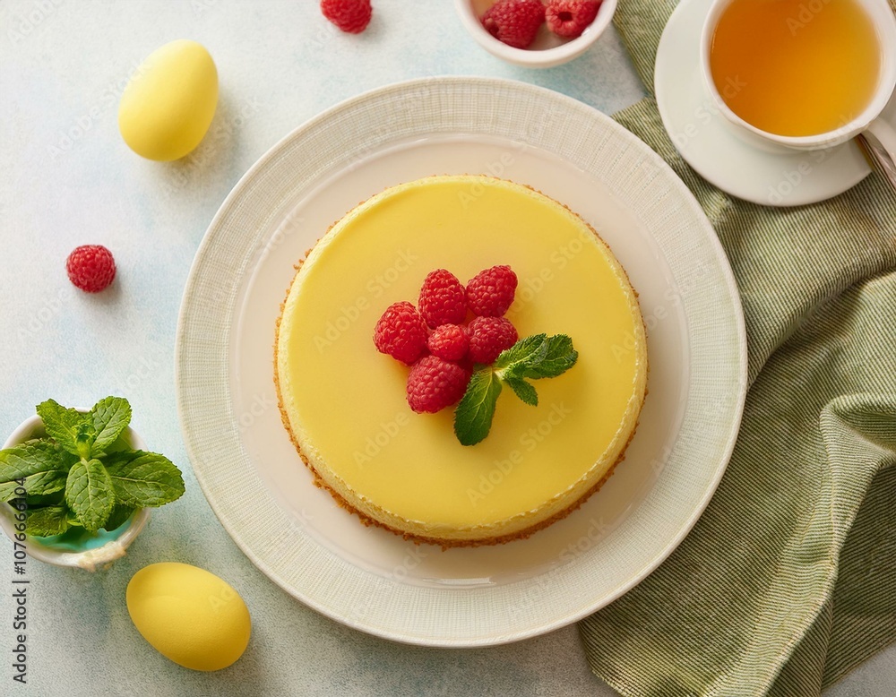 Delicate Lemon Cheesecake with Fresh Raspberries, Mint, and Honey Drizzle, Served with Easter Eggs Delicate Lemon Cheesecake with Fresh Raspberries, Mint, and Honey Drizzle, Served with Easter Eggs
