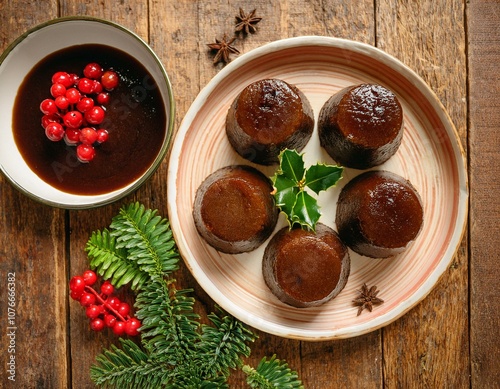 Wallpaper Mural Miniature Christmas Puddings with Brandy Sauce and Holly, Served on a Rustic Wooden Table Torontodigital.ca