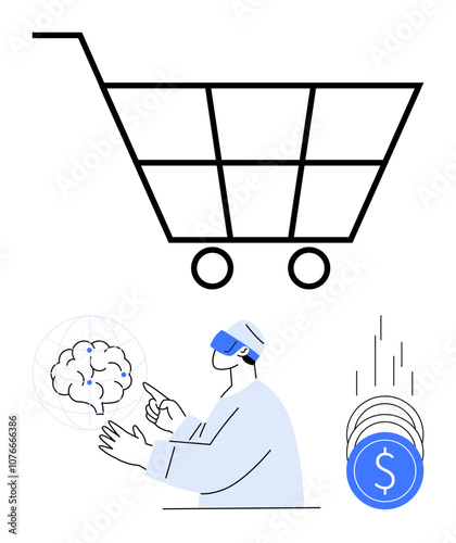 Shopping cart, person wearing VR headset interacting with virtual brain, coins falling. Ideal for e-commerce, virtual reality, technology, innovation, finance digital marketing future trends. Line
