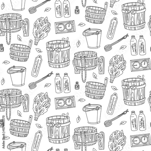 A pattern of doodle accessories for baths and saunas. wooden ladle, bucket with water for wellness, massage leaf broom, shampoo, conditioner, oil. The texture is seamless, for cleaning