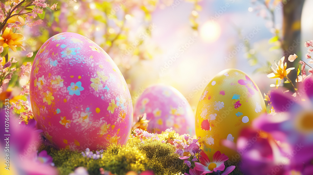 Vibrant, decorated eggs rest on lush green moss surrounded by colorful spring flowers under warm sunlight Vibrant, decorated eggs rest on lush green moss surrounded by colorful spring flowers under warm sunlight