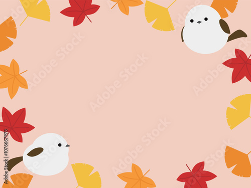 かわいいシマエナガと紅葉の背景