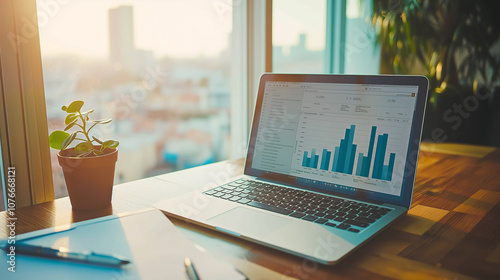 Laptop displaying real-time business analytics and predictive growth models, featuring bar graphs, financial charts, and KPI dashboards on a desk by the window. photo