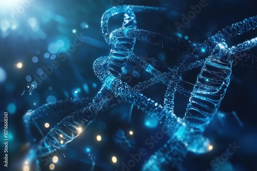 Illuminated strands of DNA twisting gracefully in a vibrant blue background with sparkling elements photo