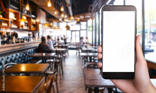 Wallpaper Mural Smartphone with Blank Screen in Trendy Cafe Environment Captures Modern Lifestyle Torontodigital.ca