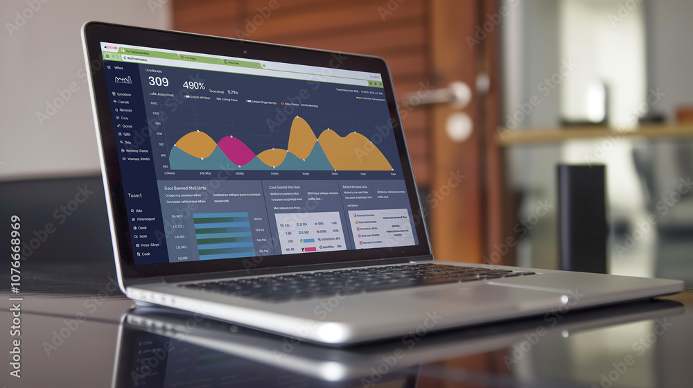 Laptop screen displaying a colorful data dashboard with growth metrics, charts, and a line graph showing upward business trends on a desk in a modern office. Laptop screen displaying a colorful data dashboard with growth metrics, charts, and a line graph showing upward business trends on a desk in a modern office.