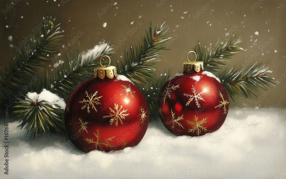 Two red Christmas ornaments with snowflakes on them